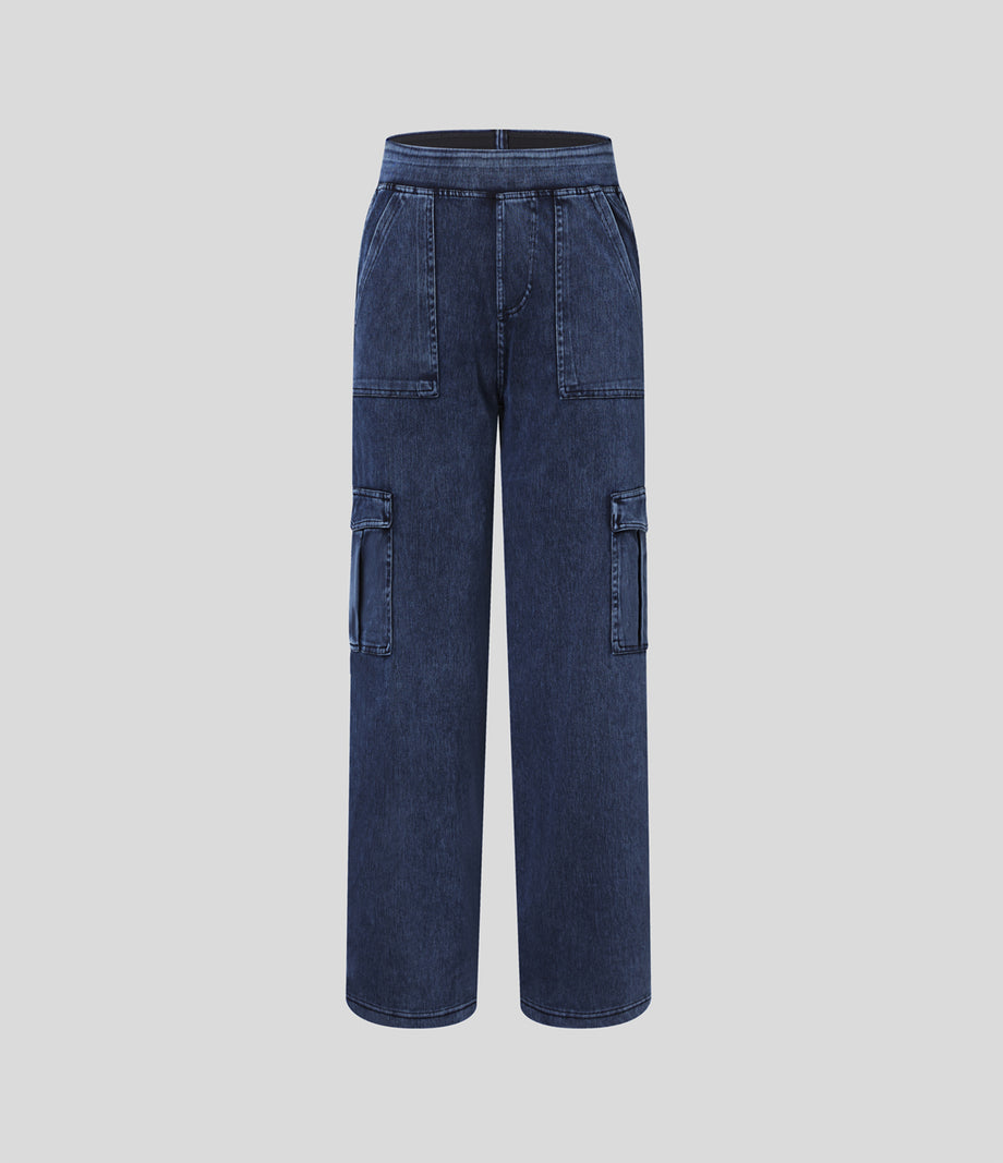 Halara Flex™ Mid Rise Pockets Straight Leg Casual Cargo Jeans - Washed Denim Navy Blue