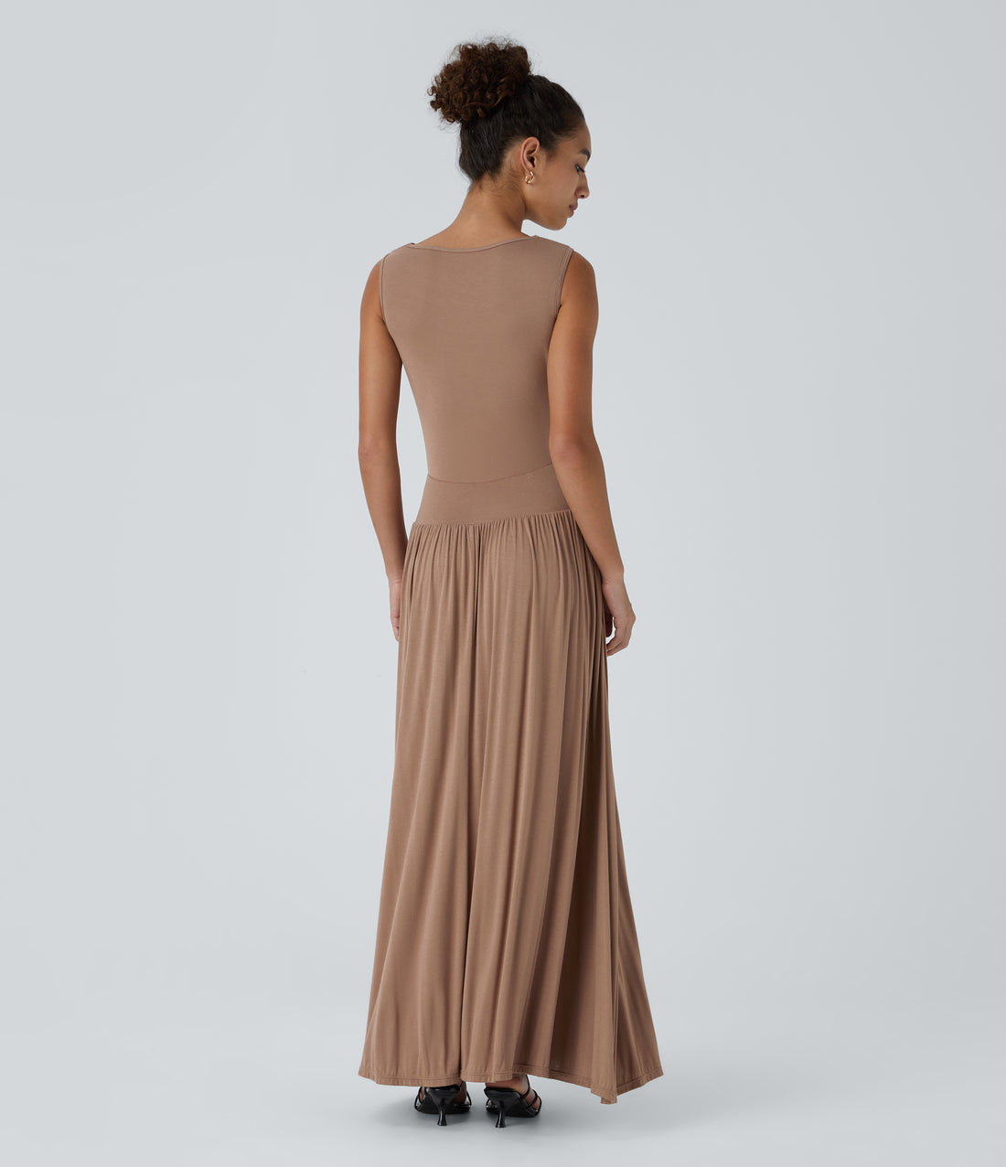 Ribbed Boat Neck Asymmetric Strap Ruched Pocket Flowy Maxi Casual Dress - Beaver Fur