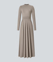 Mock-neck Long Sleeve Pocket Flare Maxi Casual Dress - Weathered Teak