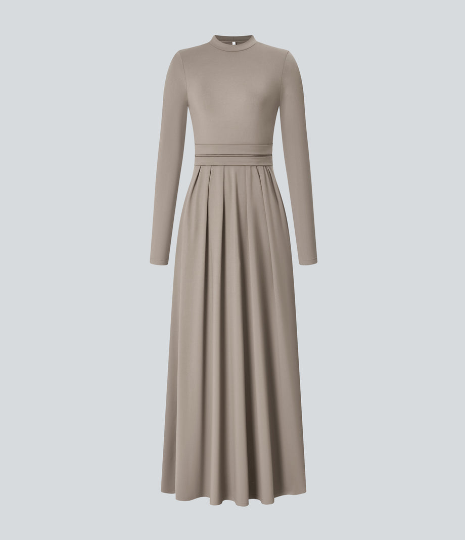 Mock-neck Long Sleeve Pocket Flare Maxi Casual Dress - Weathered Teak