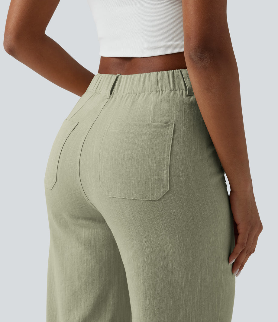 High Waisted Straight Leg Casual Linen-Feel Pants with Pockets - Sunveil Cream Yellow