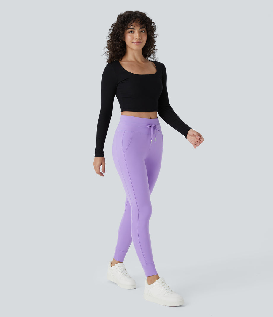 SoftlyZero™ Plush High Waisted Drawstring Pocket Plain Full Length Joggers - Paisley Purple