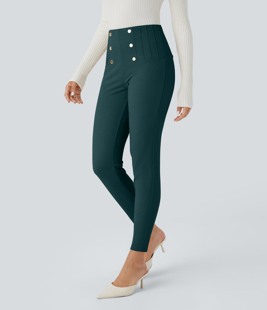 High Waisted Tummy Control Decorative Back Zipper Pockets Herringbone Work Leggings - Dark Sea