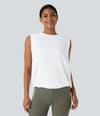 Round Neck Ruched Cool Touch Yoga Tank Top-UPF50+ - White