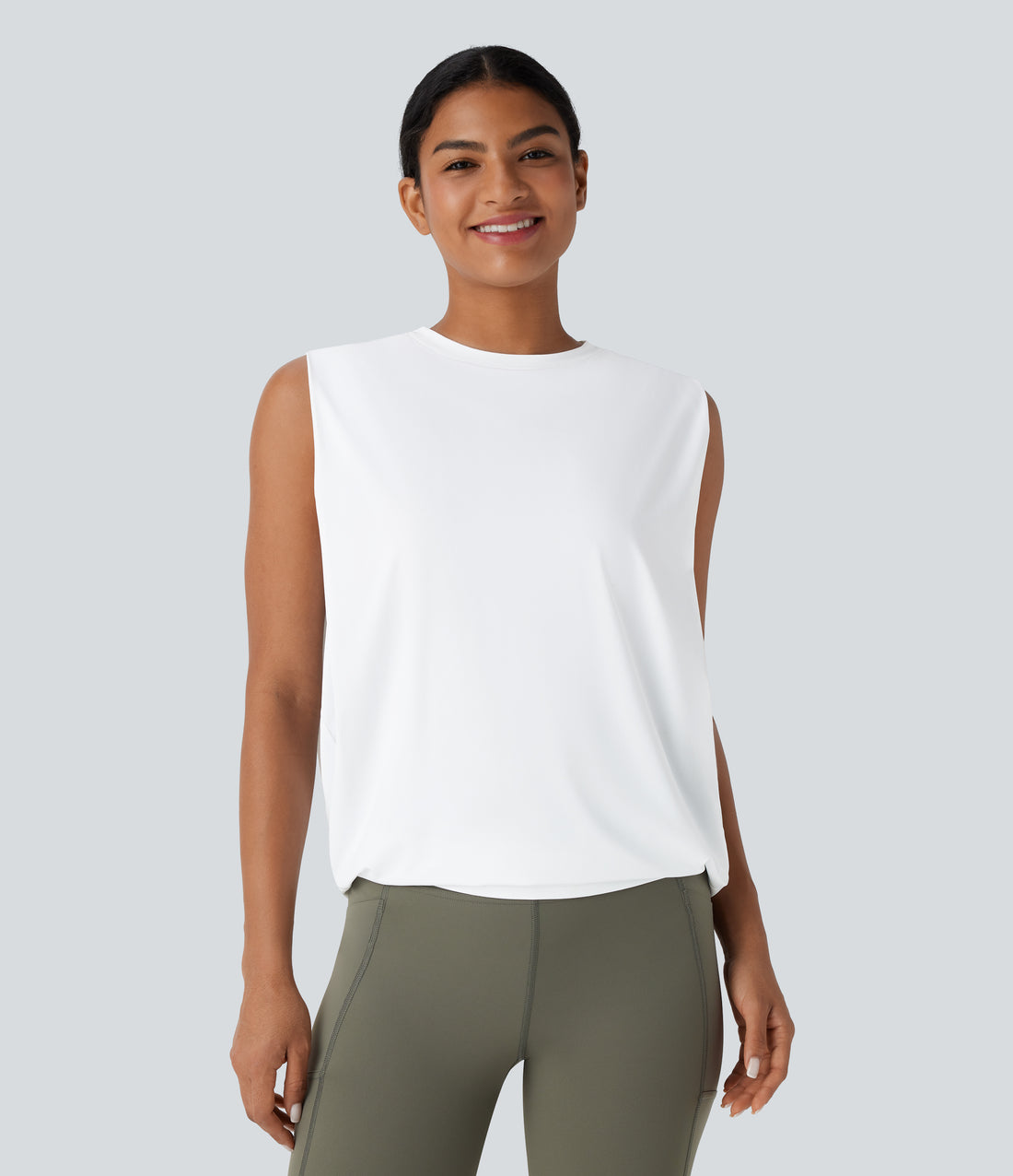 Round Neck Ruched Cool Touch Yoga Tank Top-UPF50+ - White
