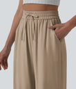 High Waisted Drawstring Wide Leg Casual Linen-Blend Pants with Pockets - Burro
