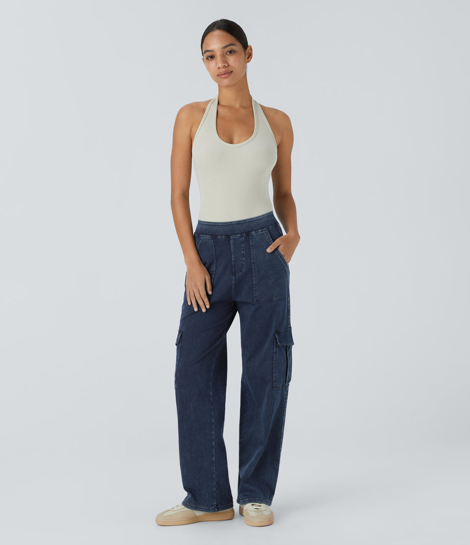 Halara Flex™ Mid Rise Pockets Straight Leg Casual Cargo Jeans - Washed Denim Navy Blue