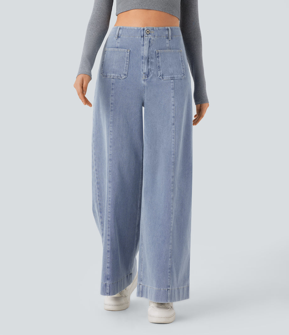 Halara Flex™ High Waisted Pockets Washed Casual Wide Leg Jeans - Blue Ice Denim