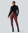 High Waisted Stretchy PU Fleece Casual Leggings with Pockets - Andorra