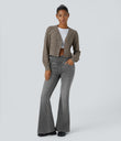 Halara Flex™ High Waisted Crossover Pocket Washed Casual Flare Jeans - Black Iron Gray Denim