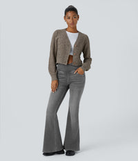 Halara Flex™ High Waisted Crossover Pocket Washed Casual Flare Jeans - Black Iron Gray Denim