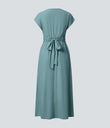 Breezeful™ V Neck Short Sleeve Pocket Tie Back Quick Dry Midi Casual Dress-Longer Length - Stone Blue