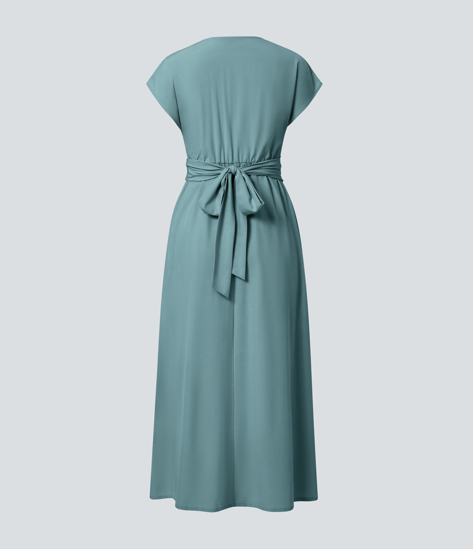 Breezeful™ V Neck Short Sleeve Pocket Tie Back Quick Dry Midi Casual Dress-Longer Length - Stone Blue