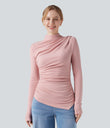 Mock-neck Long Sleeve Ruched Asymmetric Hem Thermal Casual Top - Dirty Pink