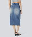 Halara Flex™ High Waisted Pockets Bodycon Washed Denim Casual Midi Skirt - Frost Blue Denim