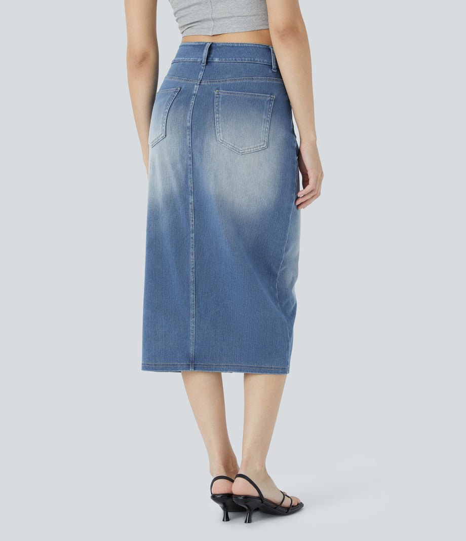 Halara Flex™ High Waisted Pockets Bodycon Washed Denim Casual Midi Skirt - Frost Blue Denim