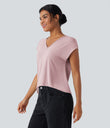 V Neck Short Sleeve Casual T-Shirt - Porcelain Pink