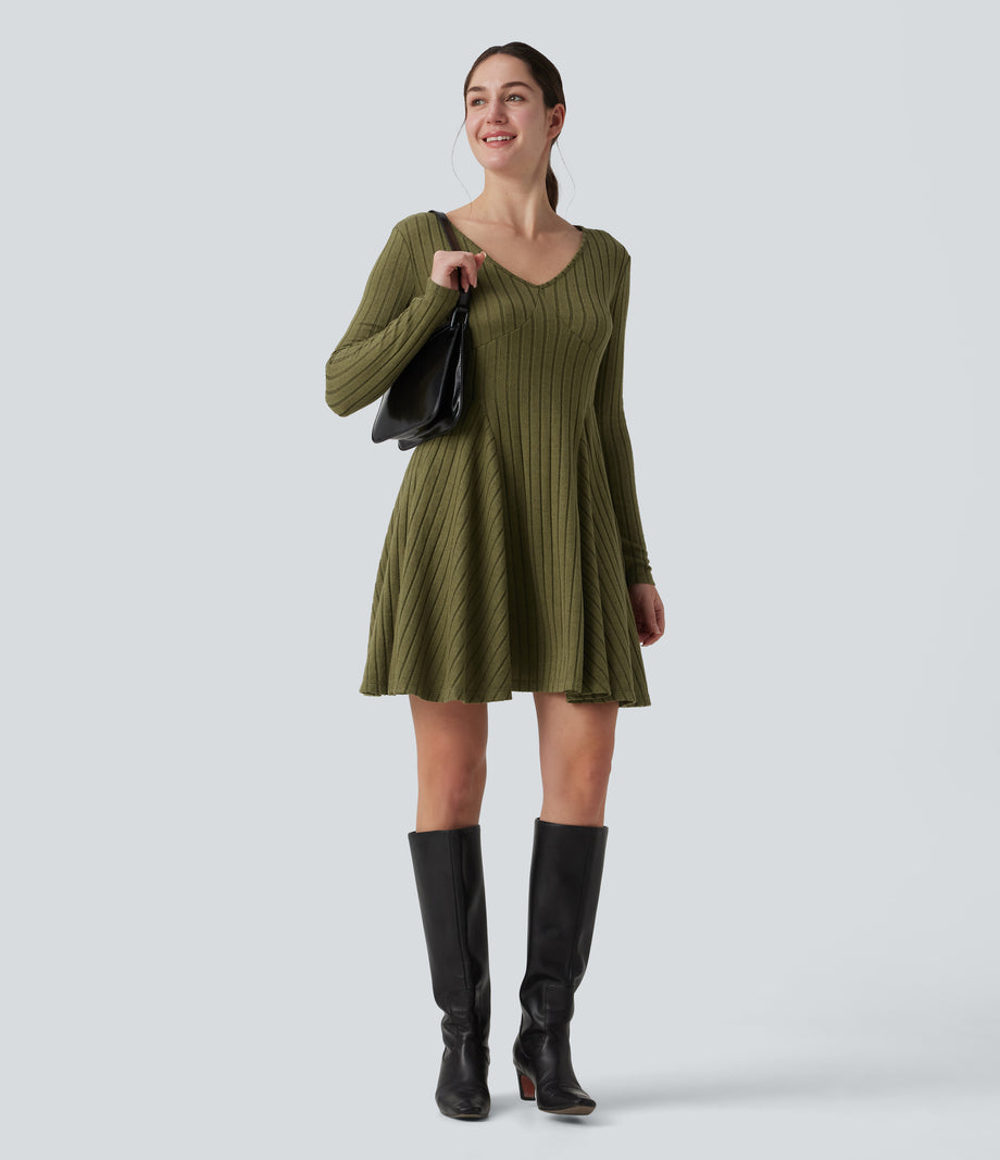 Ribbed Knit V Neck Long Sleeve Flare Mini Casual Dress with Pockets - Moss Green Floral Velvet