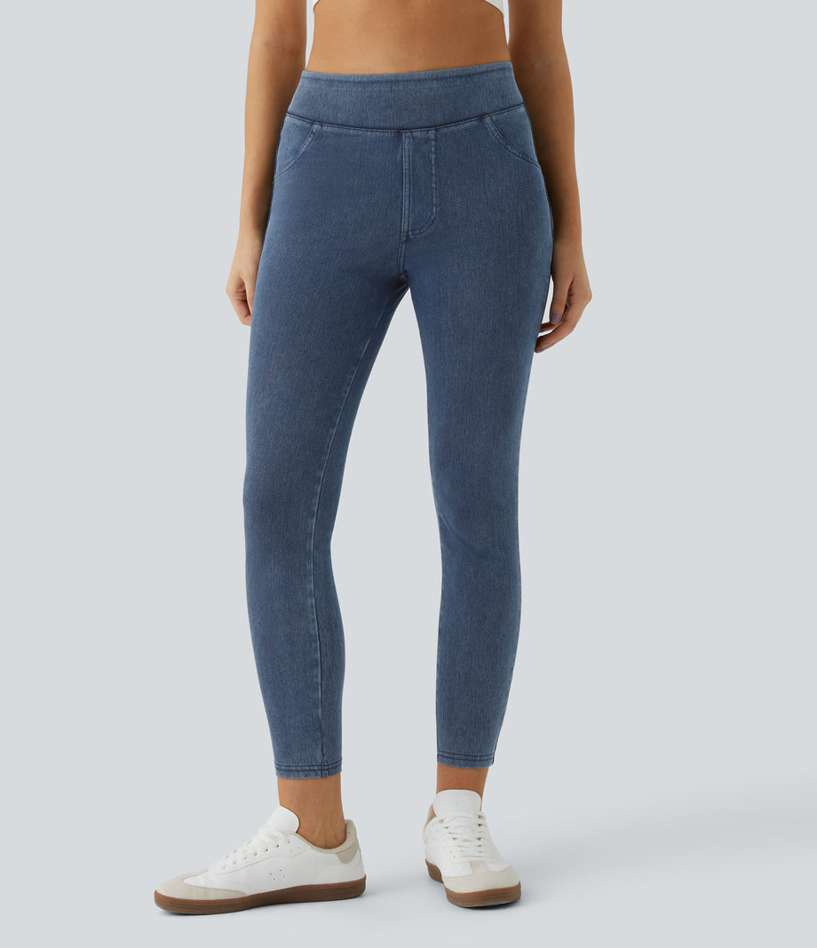 Halara Flex™ High Waisted Pocket Denim Casual Leggings - Washed Denim Bleached Blue