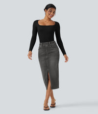 Halara Flex™ High Waisted Pockets Bodycon Washed Denim Casual Midi Skirt - Charcoal Black Denim