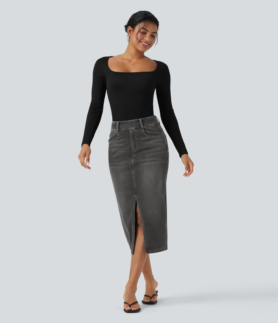 Halara Flex™ High Waisted Pockets Bodycon Washed Denim Casual Midi Skirt - Charcoal Black Denim