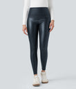 High Waisted Tummy Control Stretchy PU Fleece 7/8 Skinny Casual Leggings with Pockets - Stratified Sea