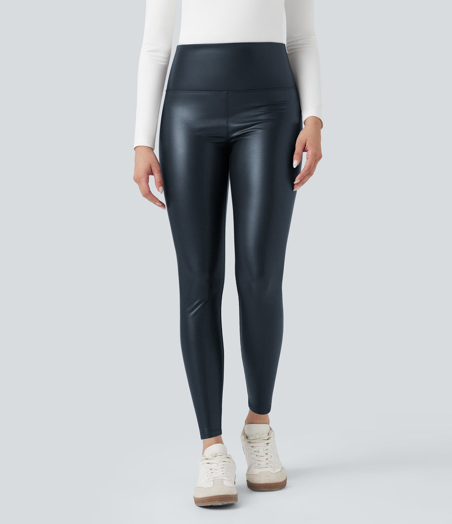 High Waisted Tummy Control Stretchy PU Fleece 7/8 Skinny Casual Leggings with Pockets - Stratified Sea