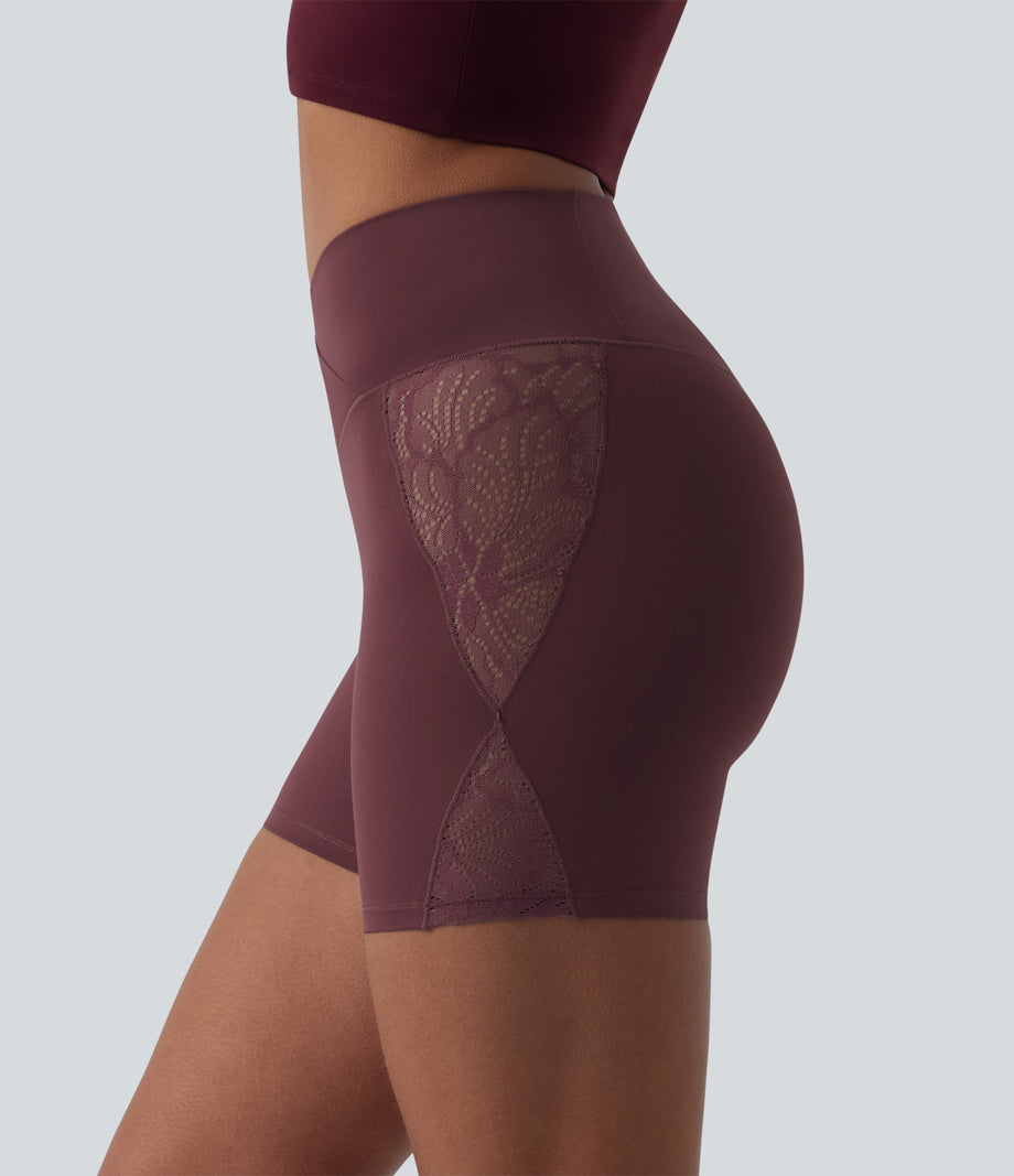 SoftlyZero™ High Waisted Crossover Contrast Lace Pocket Yoga Biker Shorts 5''-UPF50+ - Red Mahogany