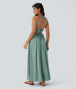 Twisted Backless Split Flowy Maxi Resort Dress with Pockets - Misty Pale Blue