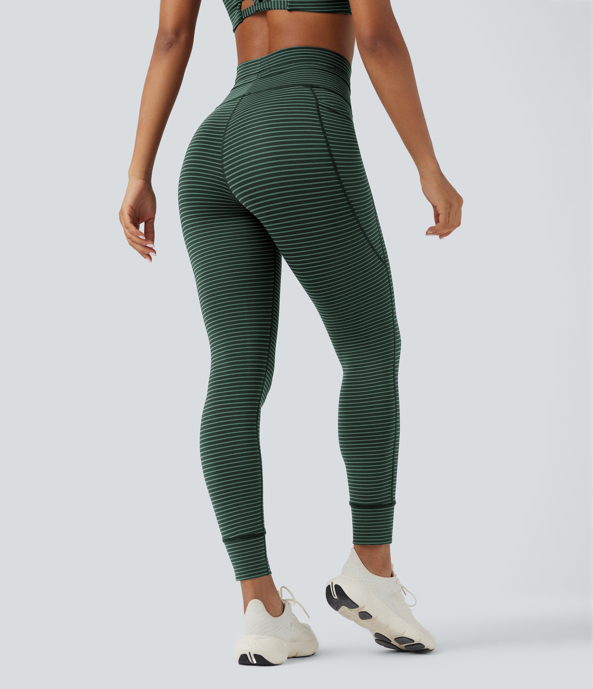 High Waisted Drawstring Striped Yoga Leggings with Pockets - Deep Pine Green