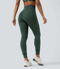 High Waisted Drawstring Striped Yoga Leggings with Pockets - Deep Pine Green