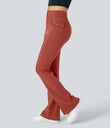 High Waisted Side Flap Pocket Flare Casual Cargo Pants - Cinnabar