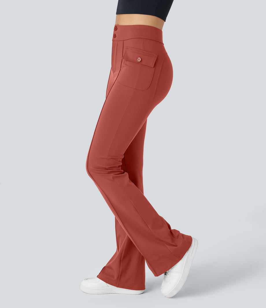 High Waisted Side Flap Pocket Flare Casual Cargo Pants - Cinnabar