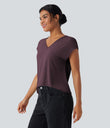 V Neck Short Sleeve Casual T-Shirt - Maroon Banner