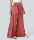 Breezeful™ High Waisted Shirred Tie Front & Back Wide Leg Flowy Quick Dry Casual Pants - Flame Red