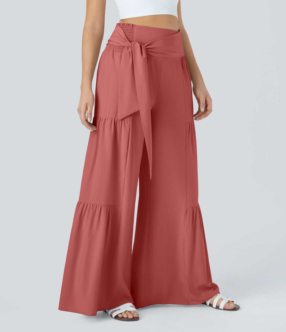 Breezeful™ High Waisted Shirred Tie Front & Back Wide Leg Flowy Quick Dry Casual Pants - Flame Red
