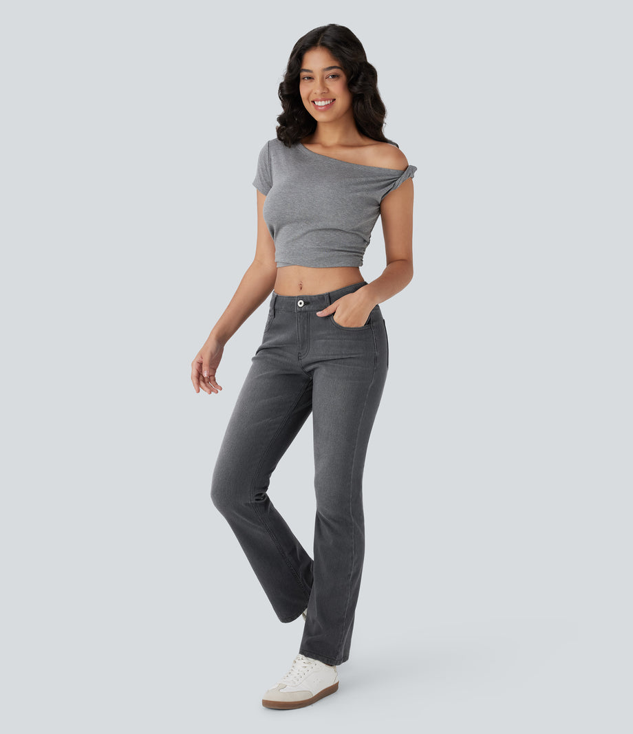 Halara Flex™ Low Rise Zipper Pockets Washed Casual Bootcut Jeans - Dirty Black Denim