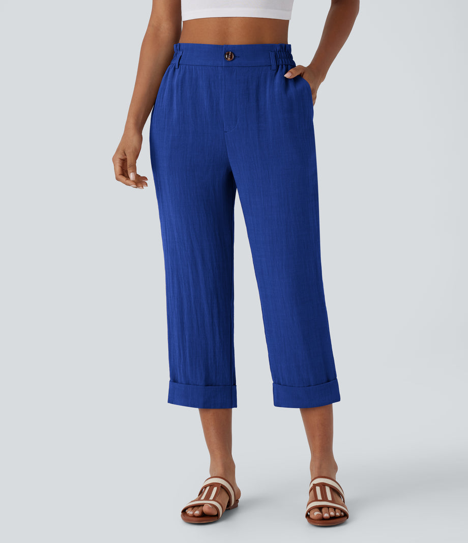 High Waisted Zipper Pocket Cropped Linen-Feel Pants - Surf the Web