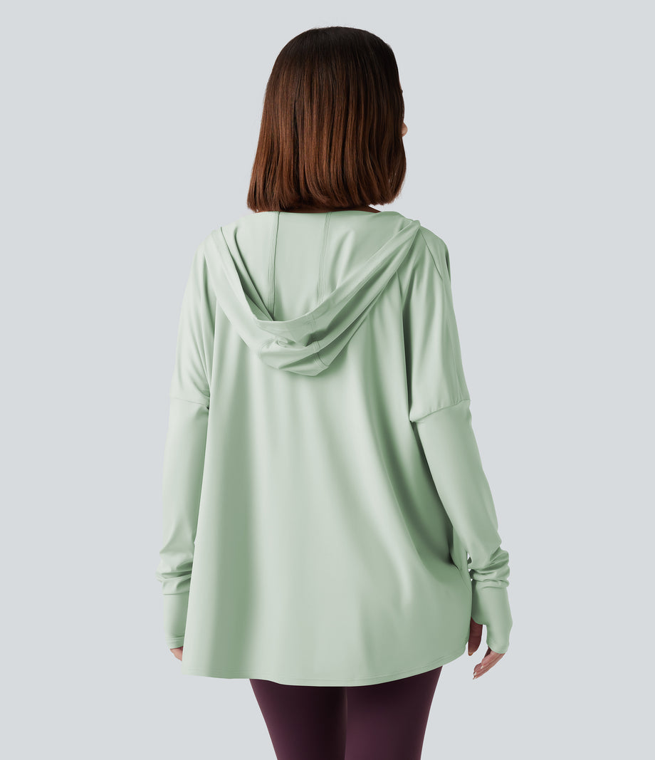 Hooded Cowl Neck Long Sleeve Thumb Hole Yoga Sports Top with Pockets - Dewkist