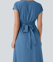Breezeful™ V Neck Short Sleeve Pocket Tie Back Quick Dry Midi Casual Dress - Pacific Coast