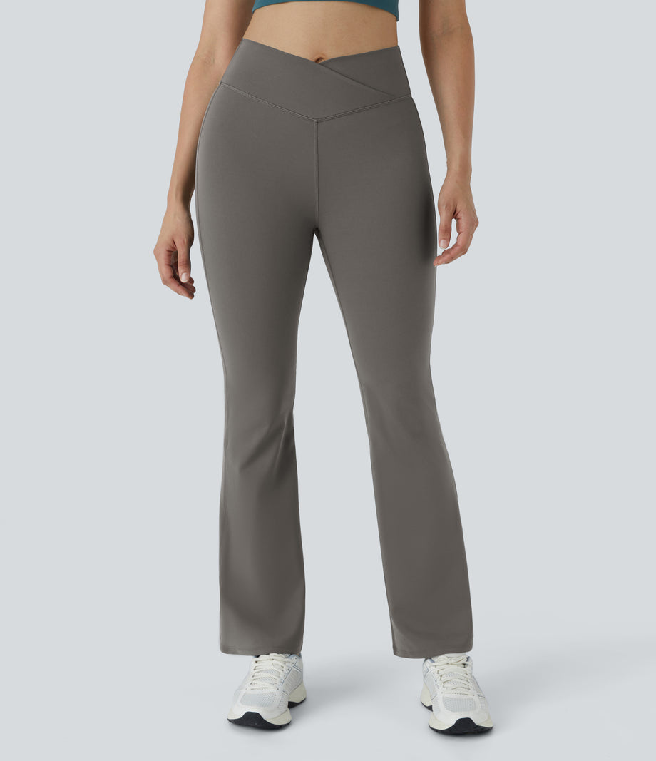 DayStretch High Waisted Crossover Flare Yoga Leggings - Deep Red Grey