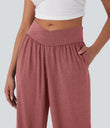 Crossover High Waisted Pocket Drawstring Casual Joggers - Brick Red Mix