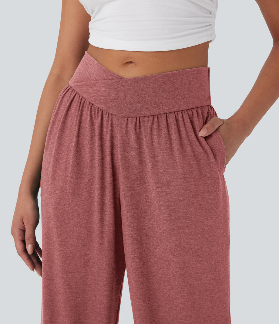 Crossover High Waisted Pocket Drawstring Casual Joggers - Brick Red Mix