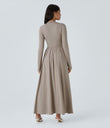 Mock-neck Long Sleeve Pocket Flare Maxi Casual Dress - Weathered Teak