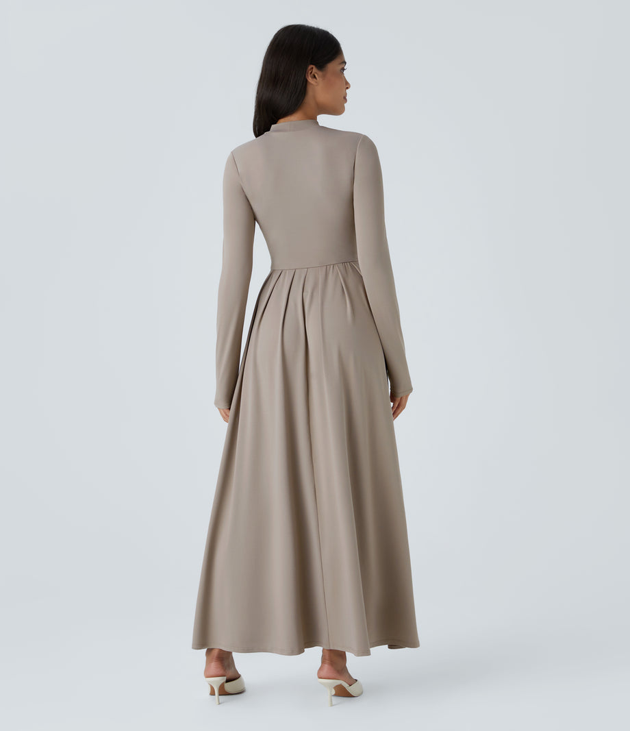 Mock-neck Long Sleeve Pocket Flare Maxi Casual Dress - Weathered Teak