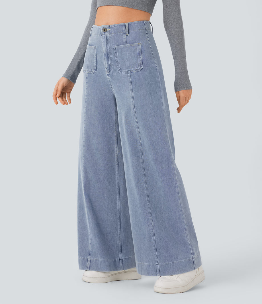 Halara Flex™ High Waisted Pockets Washed Casual Wide Leg Jeans - Blue Ice Denim