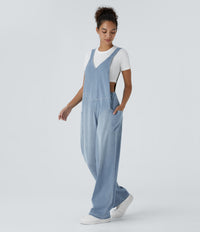 Halara Flex™ V Neck Pocket Washed Denim Casual Overalls - Powder Blue Denim