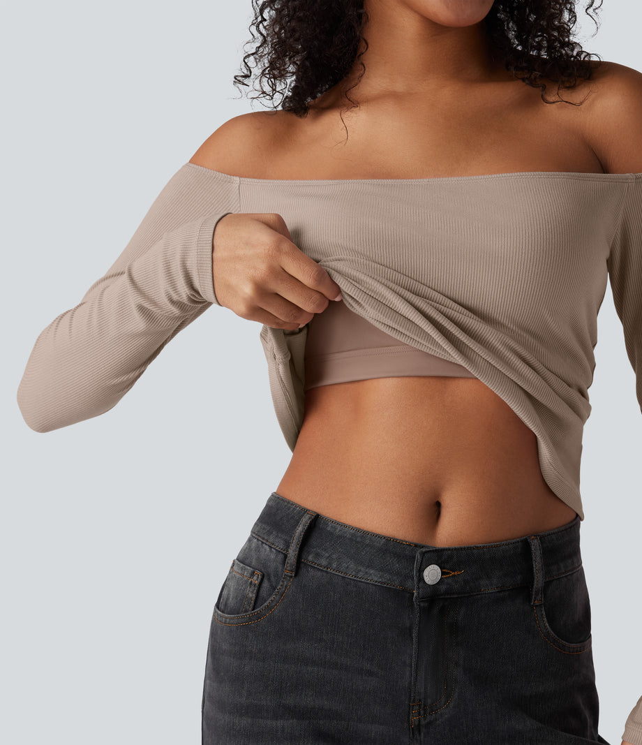 Ribbed Knit Off Shoulder Long Sleeve 2-in-1 Casual Top - Light Taupe
