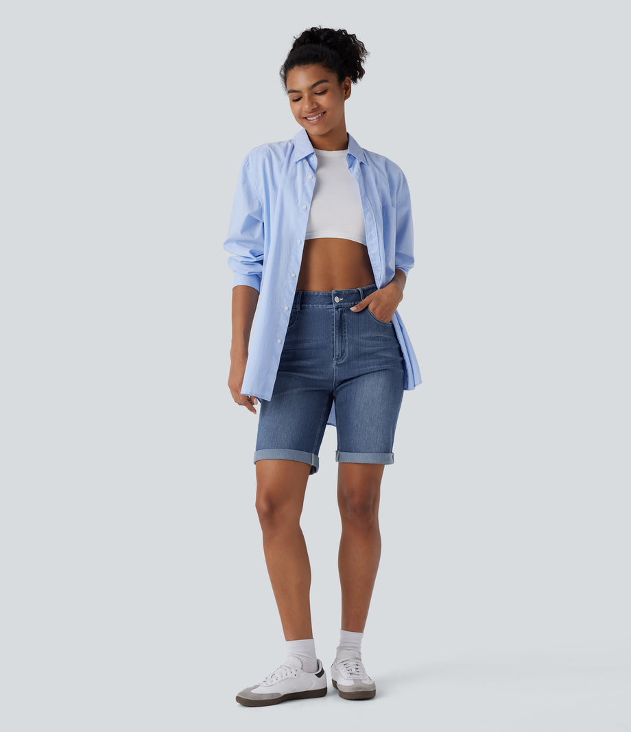 Halara Flex™ High Waisted Pockets Rolled Hem Washed Denim Casual Bermuda Shorts - Paint Blue Denim