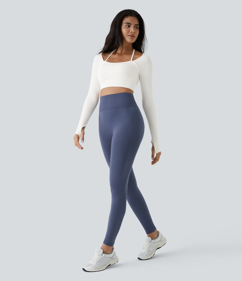 Ribbed Halter Strap Thumb Hole Cropped Yoga Sports Top - White